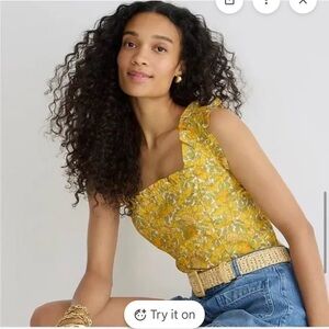 NWT J. Crew POPLIN STRETCH LIMEONE Lemon-Print Ruffle Strap TOP, M